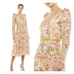 Mac Duggal 5415 NWT Floral Embellished Wrap Over Puff Sleeve A Line Gown